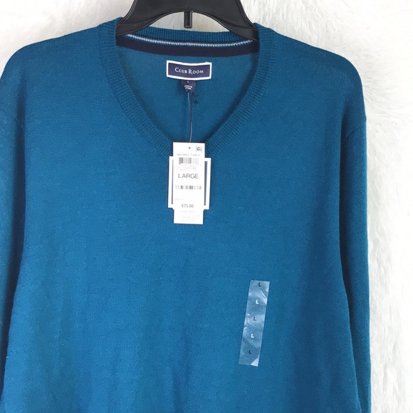 CLUB ROOM Men sweater Majestic Teal Blue V-Neck Wool Blend - Picture 4 of 7
